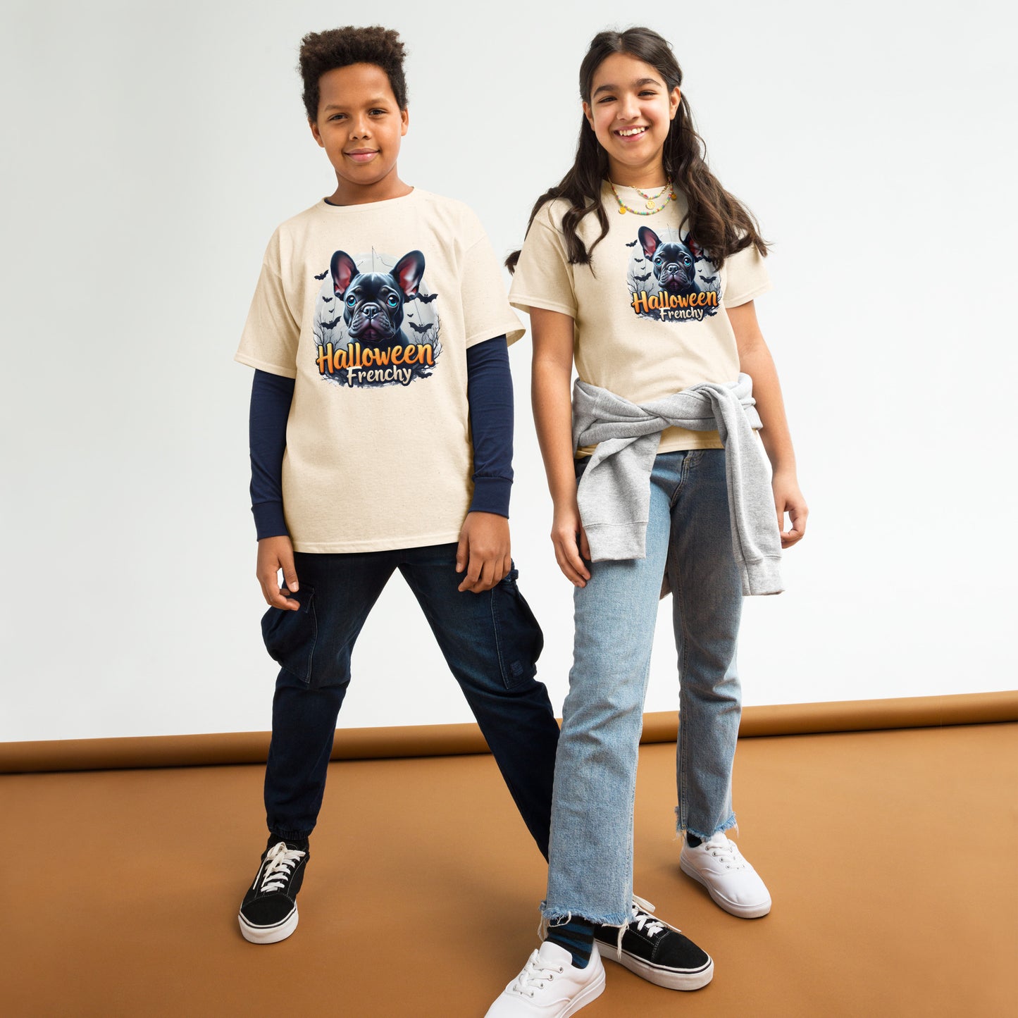 Youth Halloween French bulldog twin print heavy classic tee