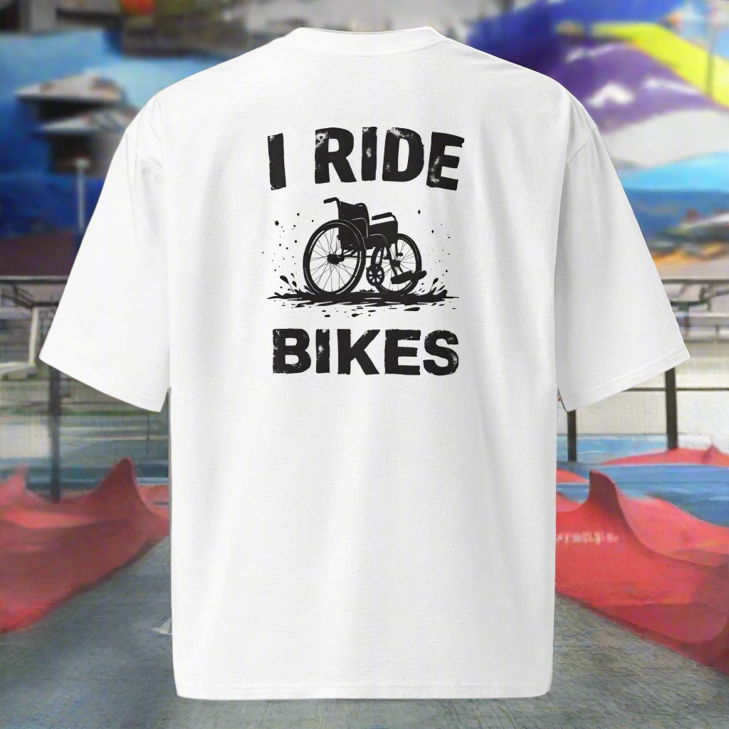 Oversized Unisex i ride mountain bikes wheelchair Double print heavyweight t-shirt
