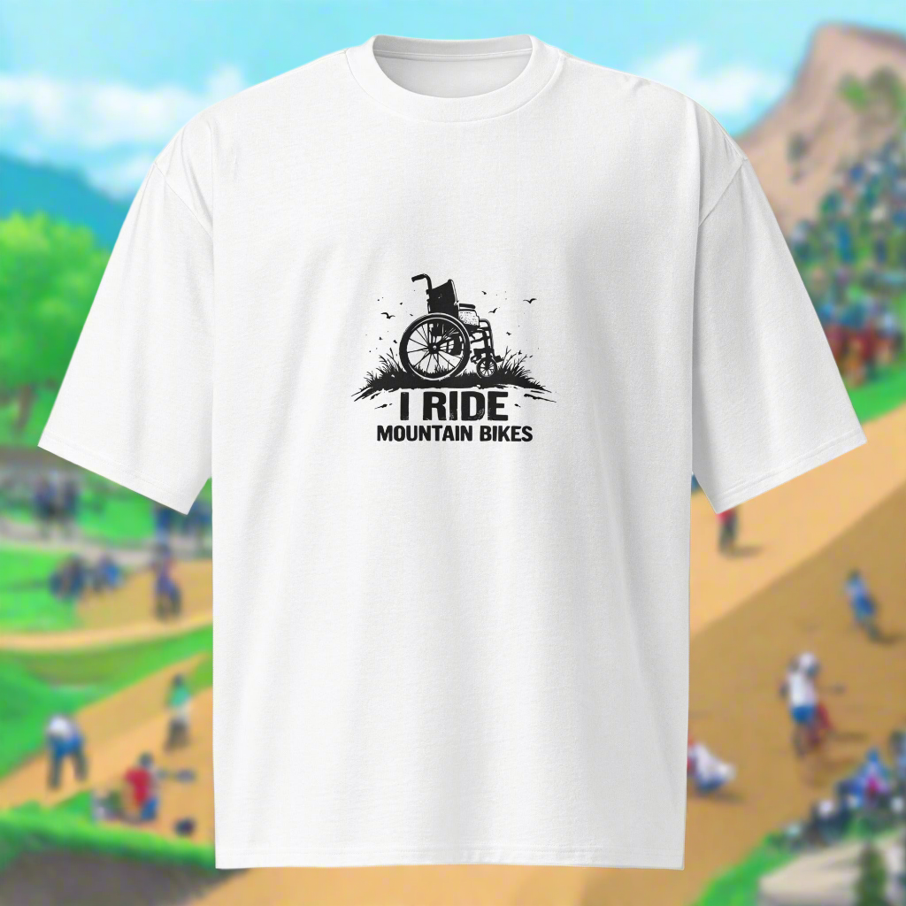 Oversized Unisex i ride mountain bikes wheelchair Double print heavyweight t-shirt