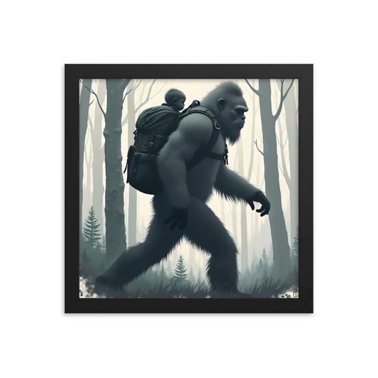 Bigfoot Sasquatch and baby Framed poster