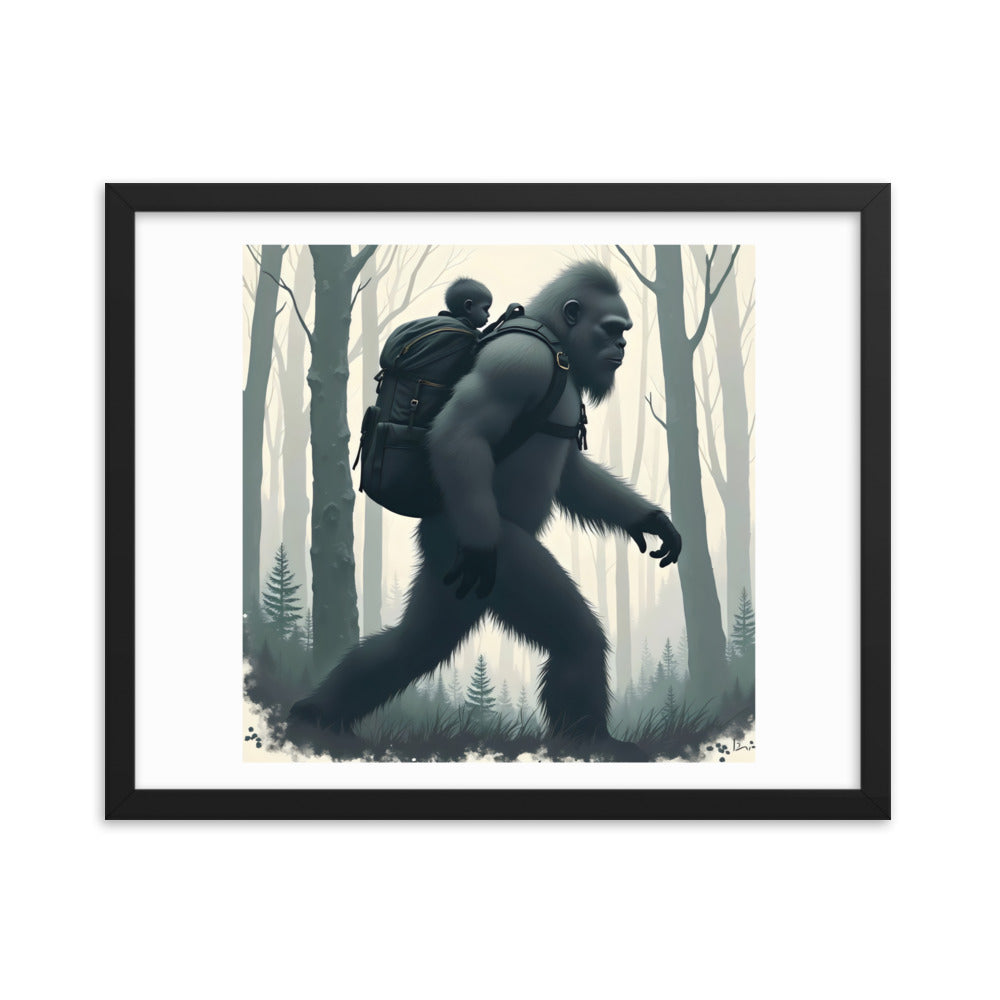 Bigfoot Sasquatch and baby Framed poster