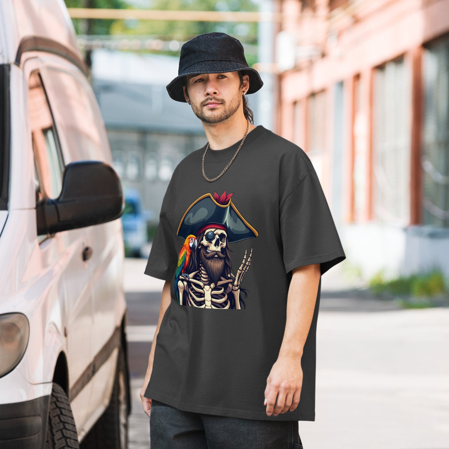 Oversized skeleton pirate & parrot faded t-shirt