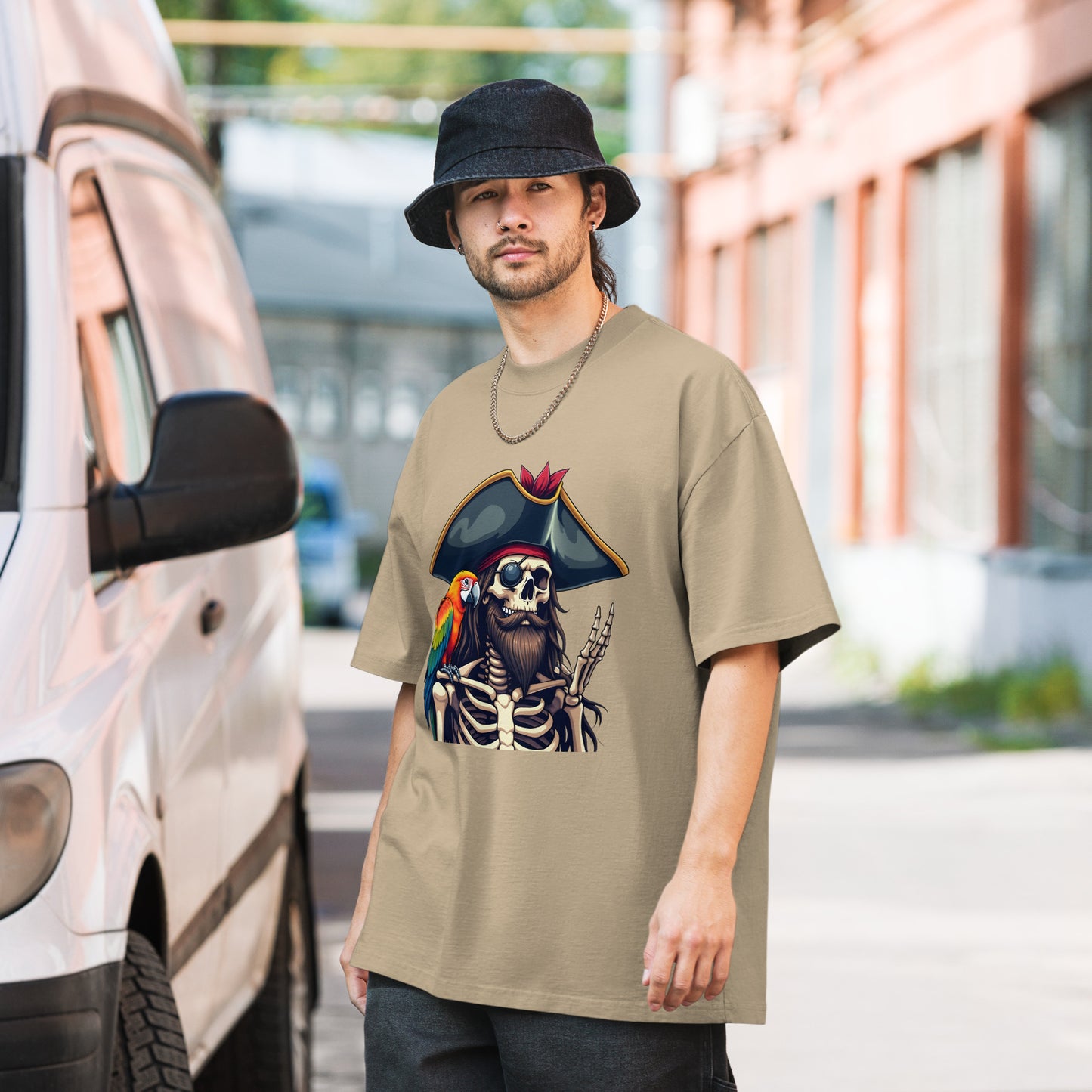 Oversized skeleton pirate & parrot faded t-shirt