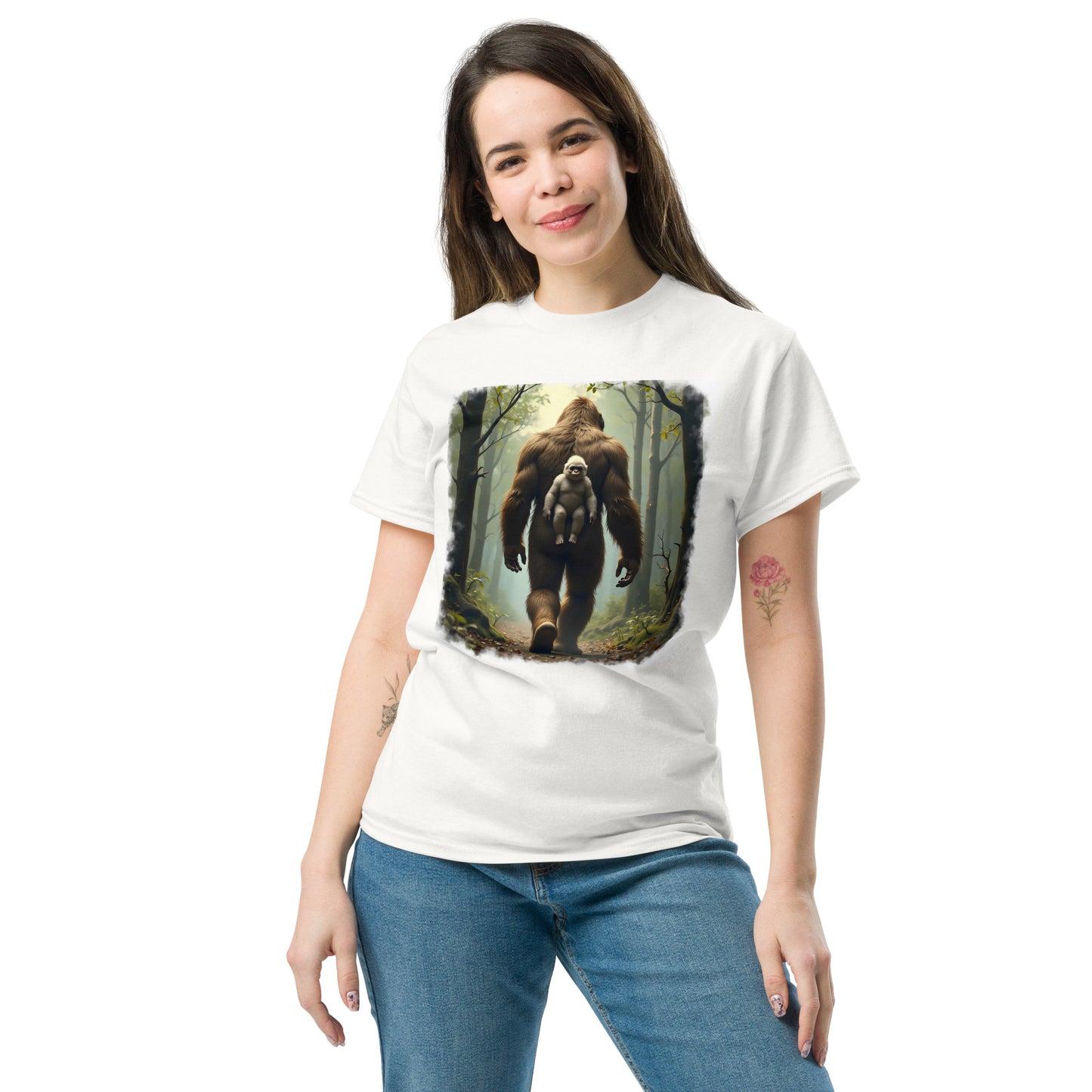 Men's & women's Baby Bigfoot backpack Wooded foreground Classic tee