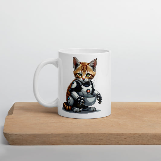 Hybrid aI cat with bowls White glossy mug