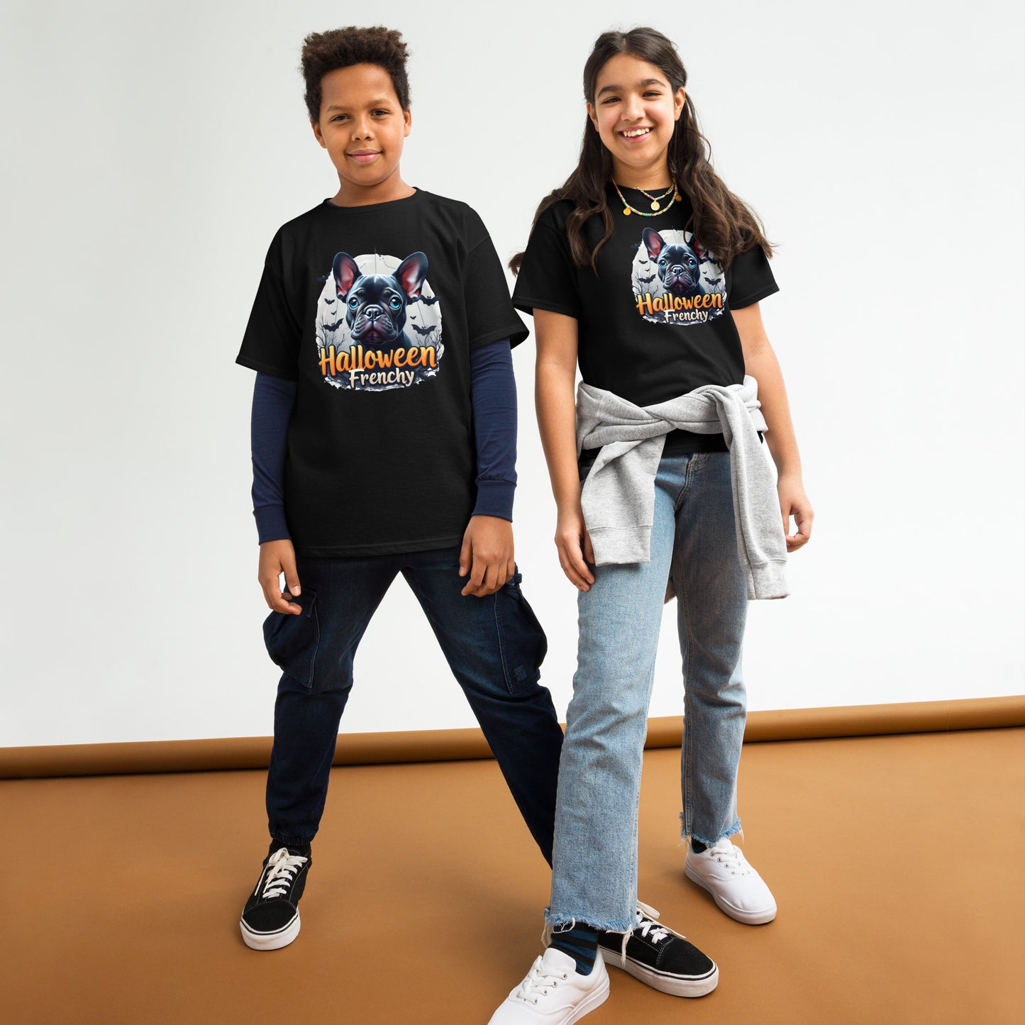 Youth Halloween French bulldog twin print heavy classic tee