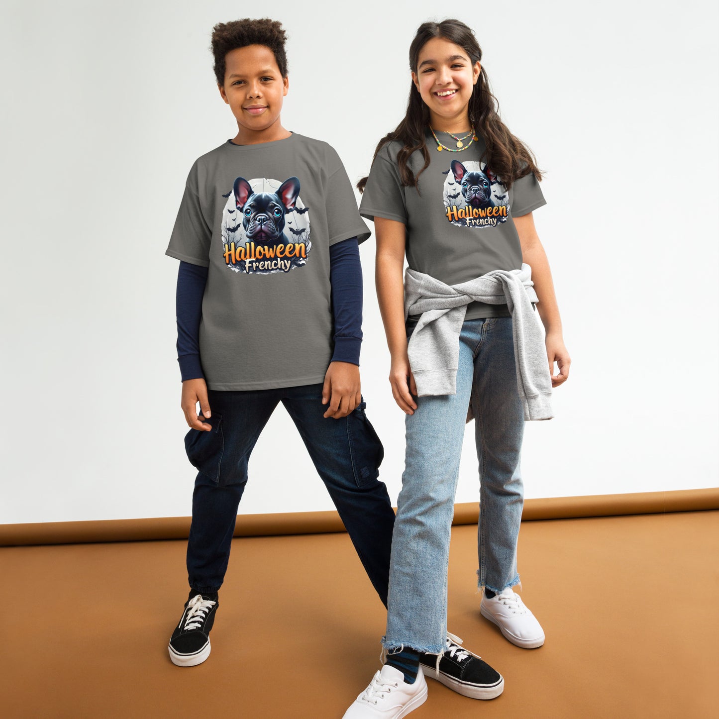 Youth Halloween French bulldog twin print heavy classic tee
