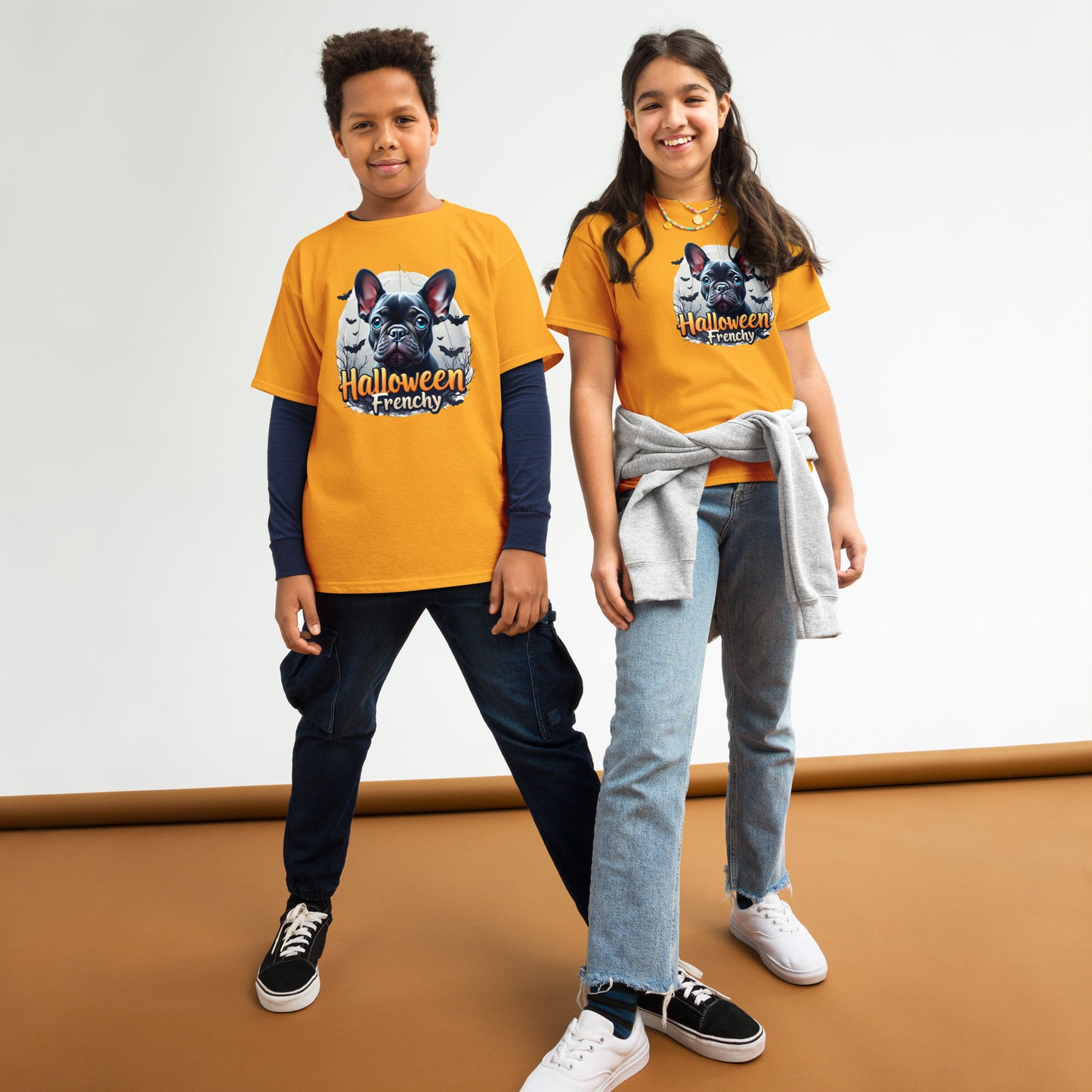 Youth Halloween French bulldog twin print heavy classic tee