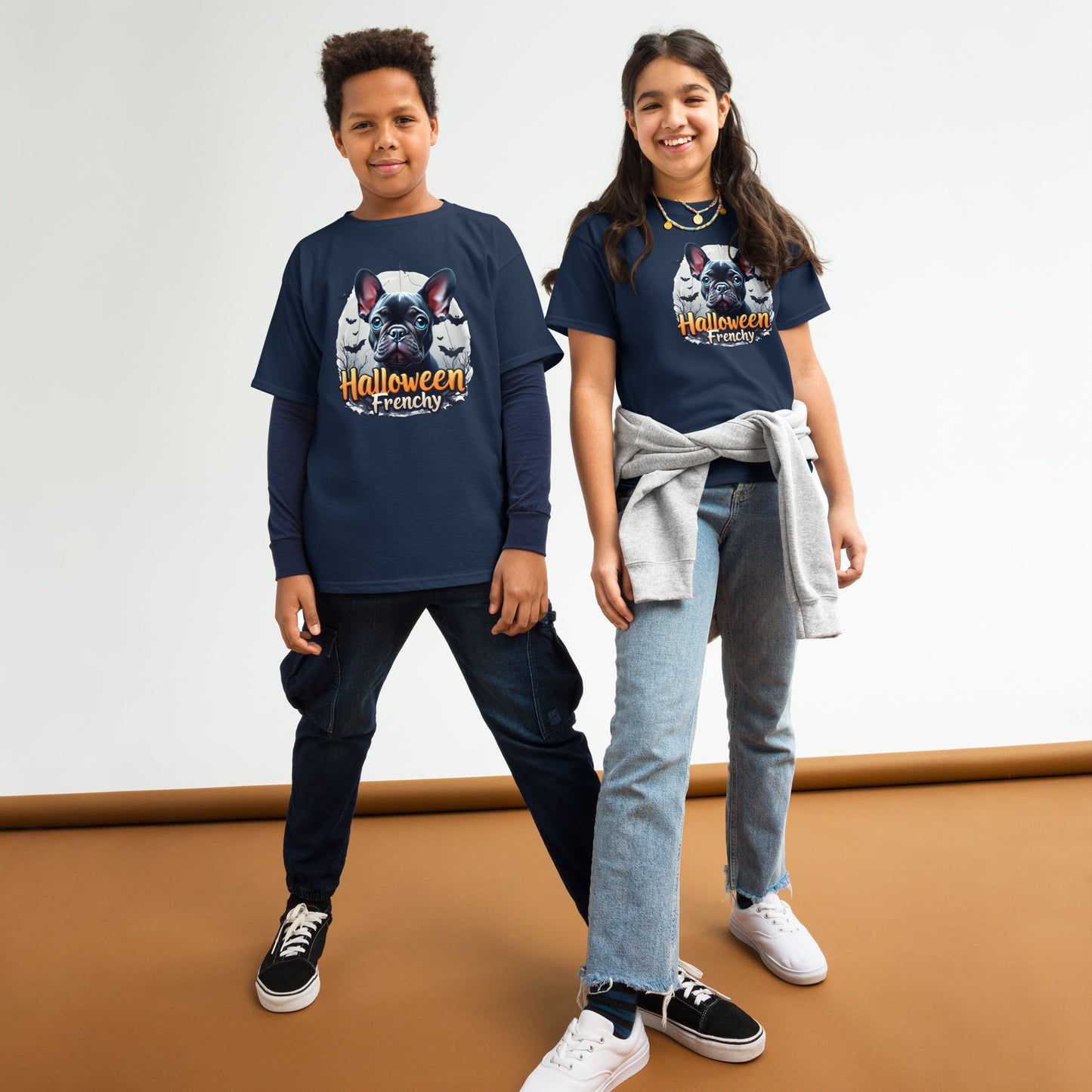 Youth Halloween French bulldog twin print heavy classic tee