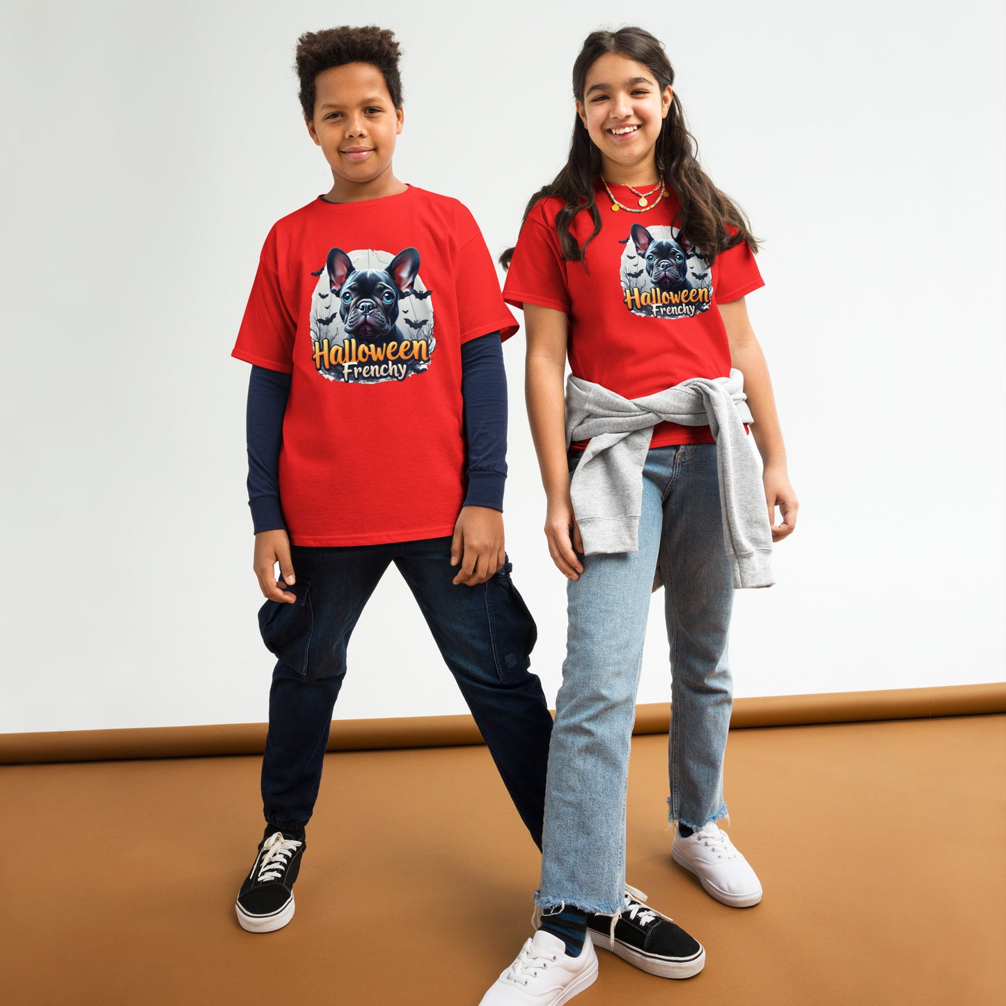 Youth Halloween French bulldog twin print heavy classic tee