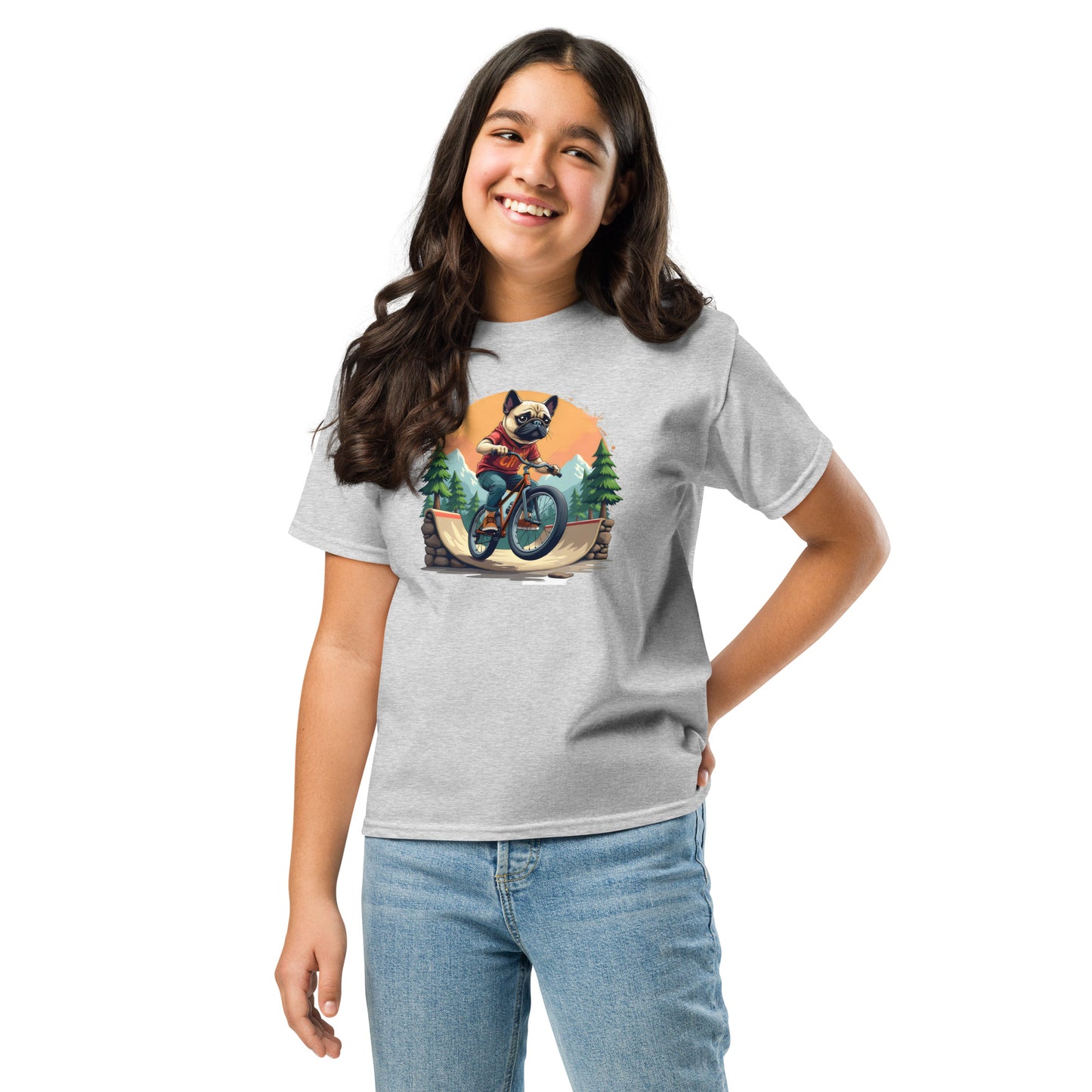 Youth pug dog at bike park Short-Sleeve classic tee
